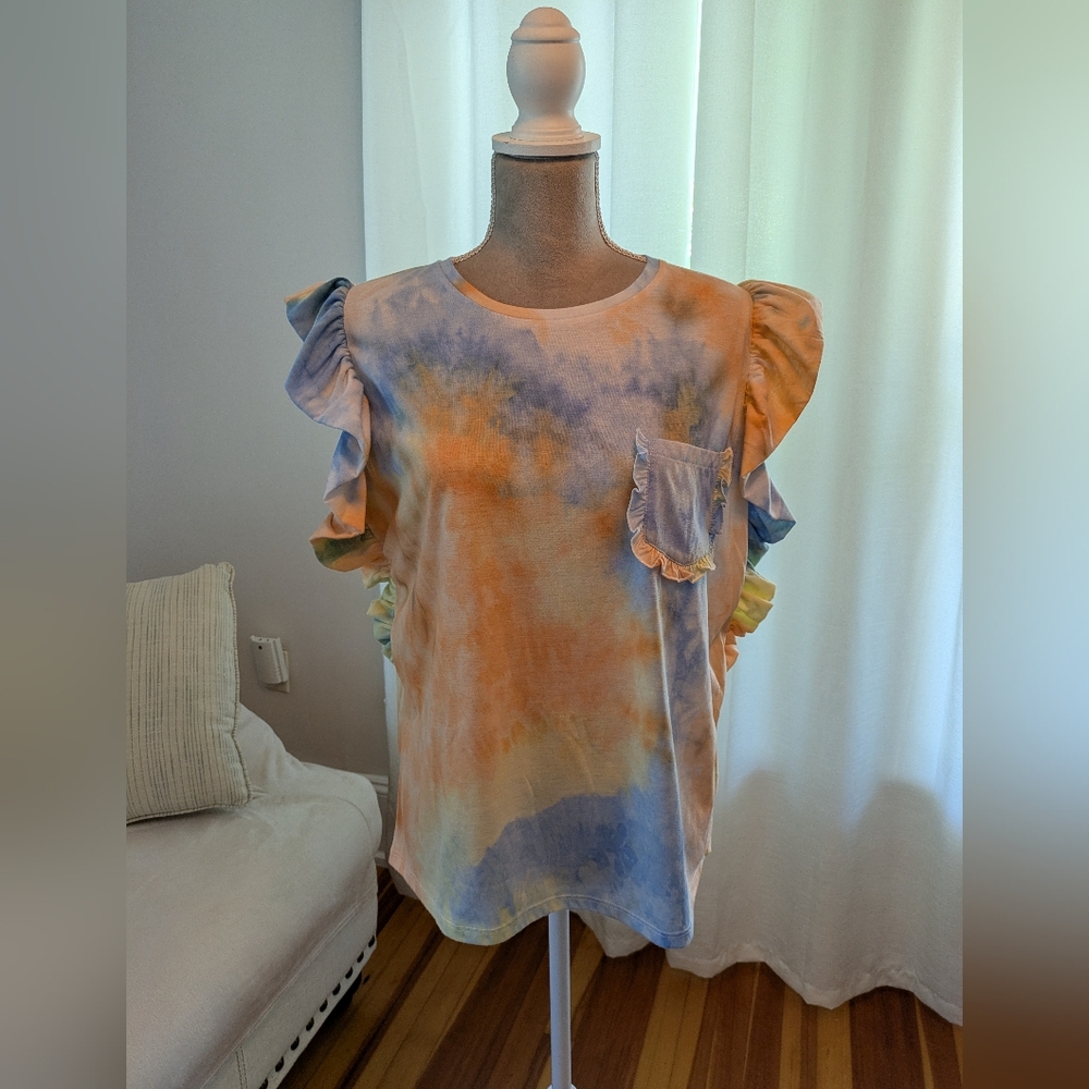 Tie Dye Ruffled Sleeveless Top